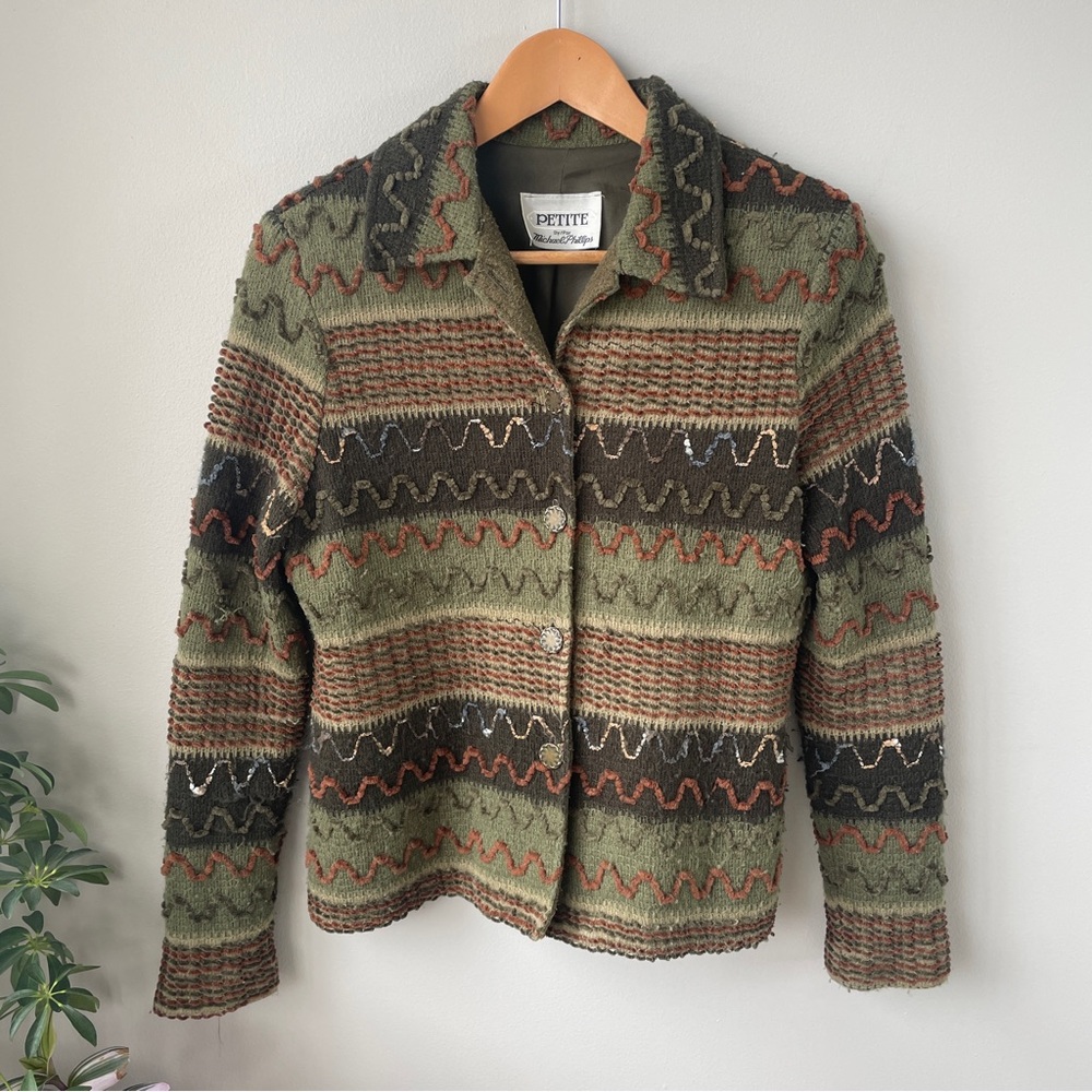 Vintage Green Textured Sweater Jacket